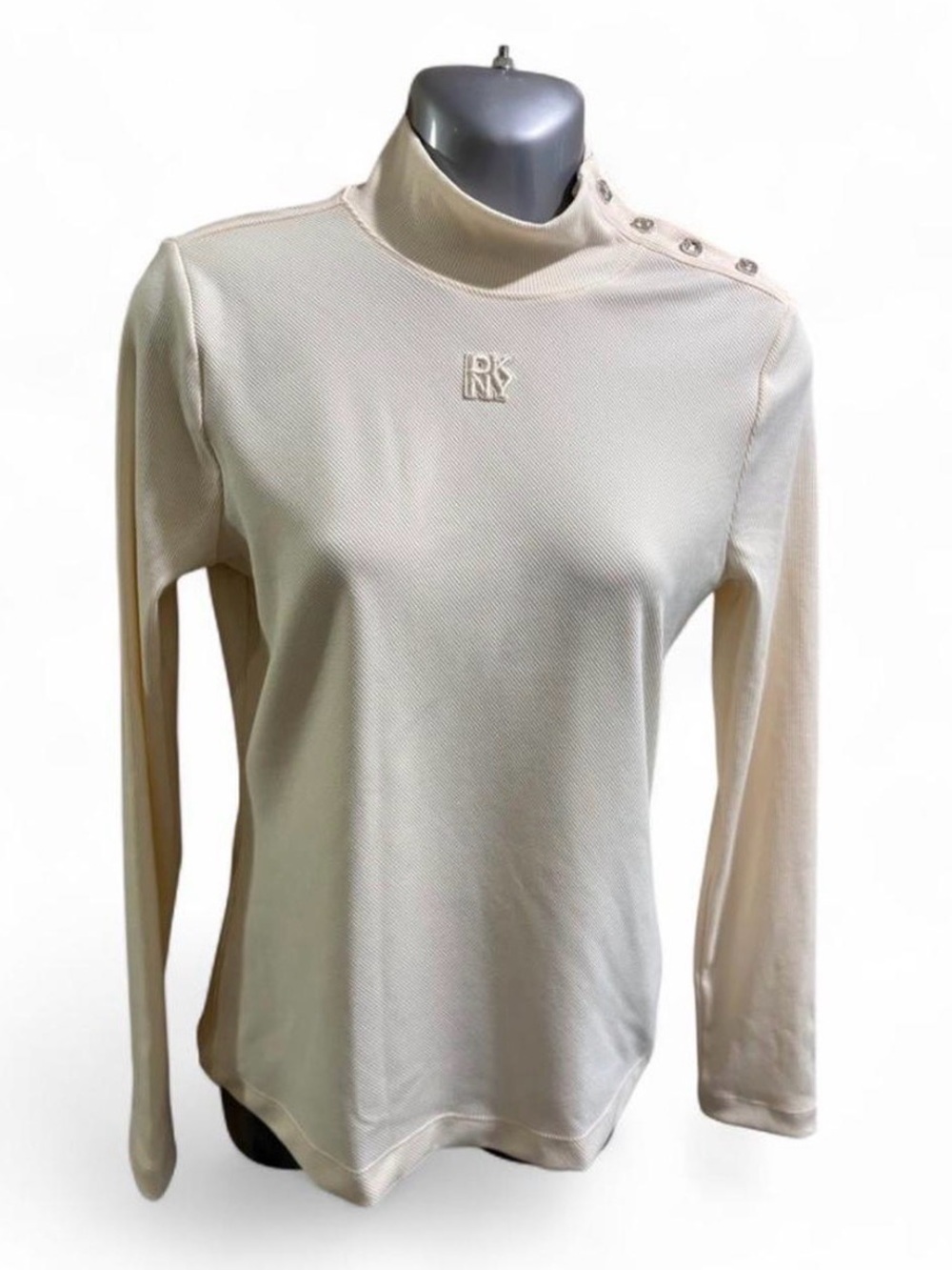 NWT DKNY Cream Long Sleeve Mock Neck Top with Diamond Shoulder Snap Detail- S